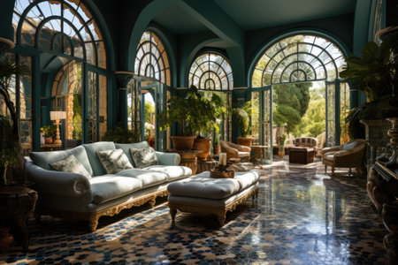 the ornate tiled courtyard of this Moroccan building professional advertising photographyの素材