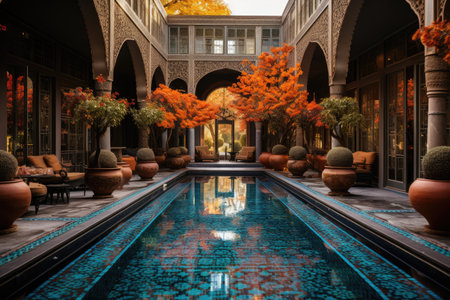 the ornate tiled courtyard of this Moroccan building professional advertising photographyの素材