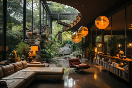 a luxurious mid century indoor pool room inside professional advertising photographyの素材