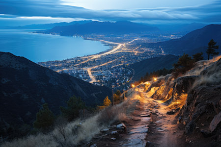 blue hour over modern grassy hills professional photographyの素材