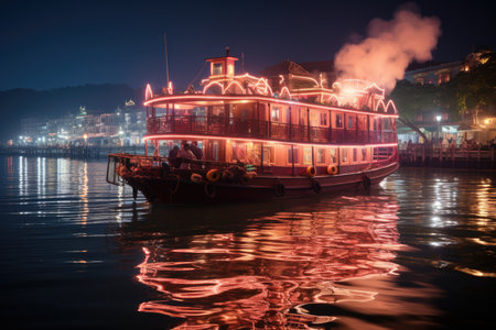 paddle steamer boat with neon decorations professional photographyの素材