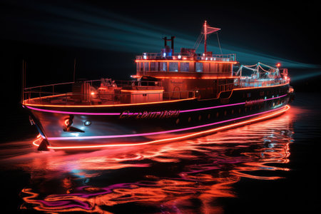 paddle steamer boat with neon decorations professional photographyの素材