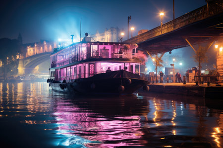 paddle steamer boat with neon decorations professional photographyの素材