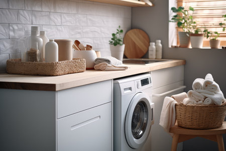 washing machine in a minimalist laundry room professional photographyの素材