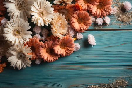 wooden background with beautiful summer decoration professional photographyの素材