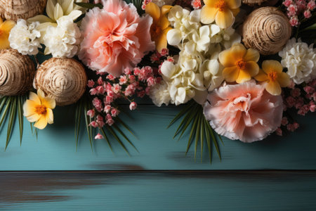 wooden background with beautiful summer decoration professional photographyの素材