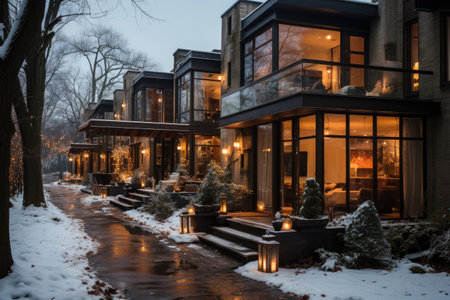 a modern townhome in the middle of winter brick steel professional photographyの素材