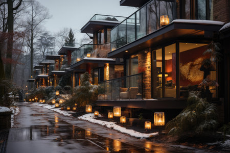 a modern townhome in the middle of winter brick steel professional photographyの素材