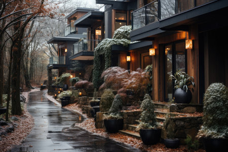 a modern townhome in the middle of winter brick steel professional photographyの素材