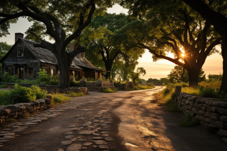The rocky road is winding and overgrown with local trees professional photographyの素材