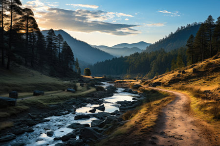 blue hour over the grassy hills modern day professional photographyの素材
