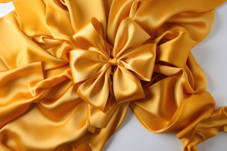bright gold ribbons tied in a bow on white background professional photographyの素材