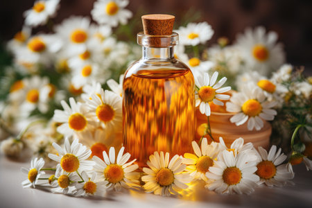 Chamomile oil Extract with a white marble background professional photographyの素材
