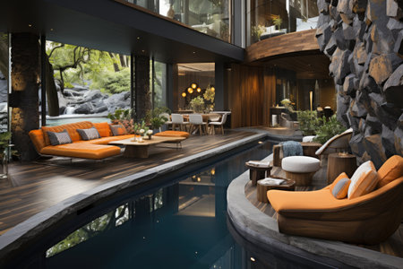 a luxurious mid-century indoor pool room inside professional photographyの素材