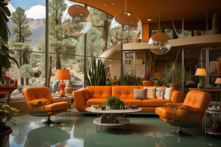 a luxurious mid-century indoor pool room inside professional photographyの素材