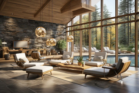 a luxurious mid-century indoor pool room inside professional photographyの素材