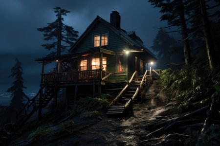 a small wooden cabin near the forest at night in the professional photographyの素材
