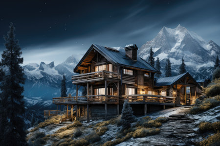 a small log cabin near the forest at night professional photographyの素材