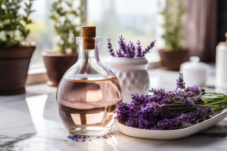 Lavender oil extract on isolated white marble background professional photographyの素材