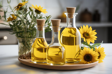 Sunflower oil extract on white marble background professional photographyの素材