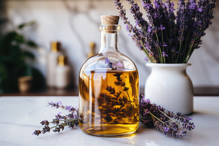 Lavender oil extract on isolated white marble background professional photographyの素材