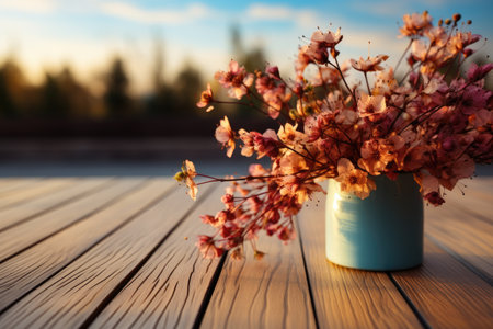 wooden table with flowers in the background professional photographyの素材