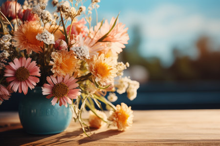 wooden table with flowers in the background professional photographyの素材