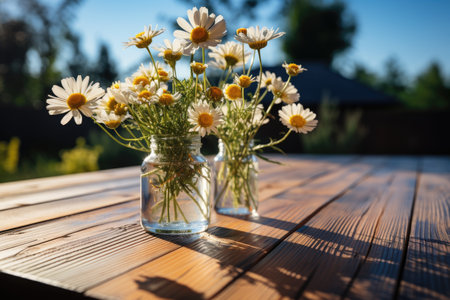 wooden table with flowers in the background professional photographyの素材
