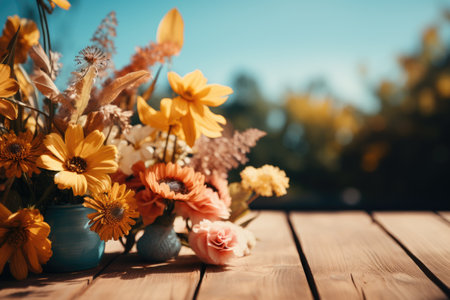 wooden table with flowers professional photographyの素材