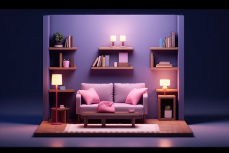 3d render cute little living room kitchen in cutaway box professional photographyの素材