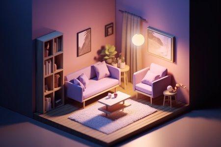 3d render cute little living room kitchen in cutaway box professional photographyの素材