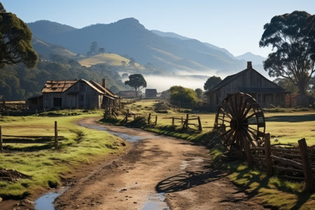 wooden house at the foot of the mountain professional photographyの素材