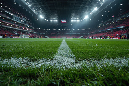 Lush green lawn at football soccer sports stadium professional photographyの素材