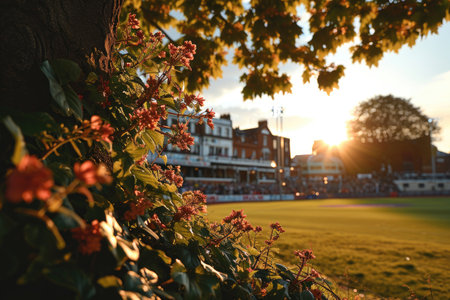 Lush green lawn at football soccer sports stadium professional photographyの素材