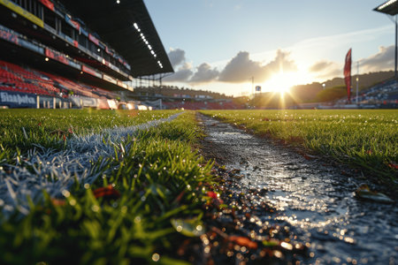 Lush green lawn at football soccer sports stadium professional photographyの素材