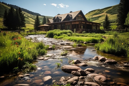wooden house at the foot of the mountain professional photographyの素材