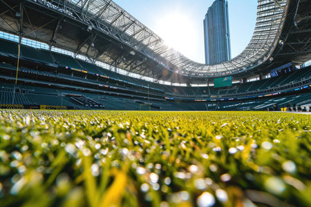 Lush green lawn at football soccer sports stadium professional photographyの素材