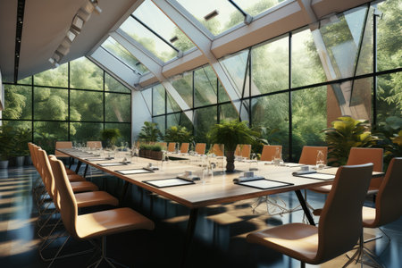 meeting conference room lots of tables and chairs near the windowの素材