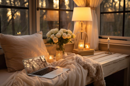 working in bed with laptop professional photographyの素材