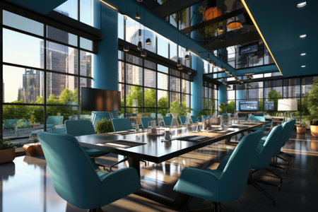 meeting conference room lots of tables and chairs near the windowの素材