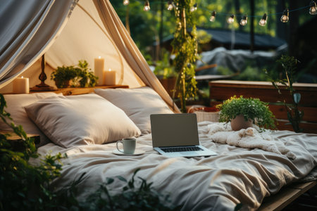 working in bed with laptop professional photographyの素材