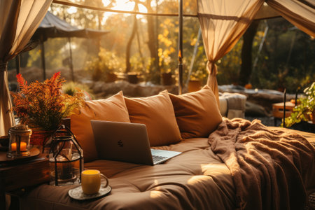 working in bed with laptop professional photographyの素材