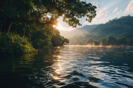 A peaceful morning scene with gentle sunlight shining through professional photographyの素材