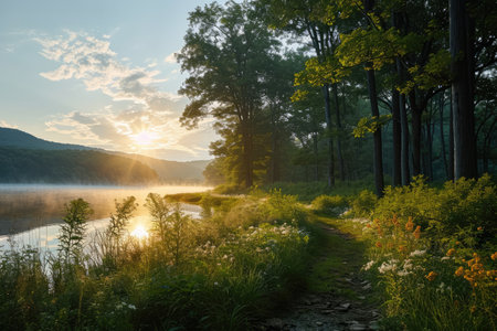 A peaceful morning scene with gentle sunlight shining through professional photographyの素材