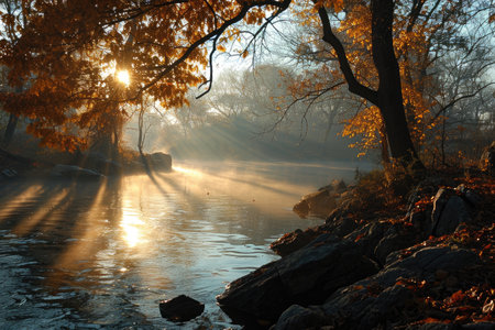 A peaceful morning scene with gentle sunlight shining through professional photographyの素材