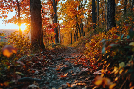 path in the forest during autumn at colorful sunsetの素材
