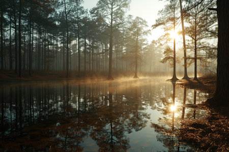 A peaceful morning scene with gentle sunlight shining through professional photographyの素材