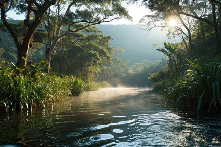 A peaceful morning scene with gentle sunlight shining through professional photographyの素材