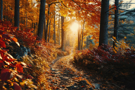 path in the forest during autumn at colorful sunsetの素材