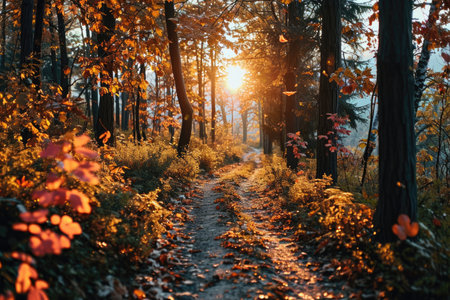 path in the forest during autumn at colorful sunsetの素材